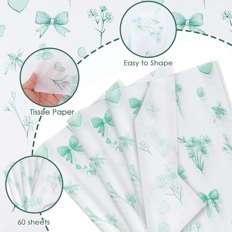 Ethanberg 60 Sheets Gift Wrapping Tissue Paper Bulk, Green Bow Floral Print Tissue Paper for Gift Bags, Decorative Art Papers for DIY Crafts Wedding Birthday Baby Showers Holiday Party Decor, 20x14 Inches - Image 3